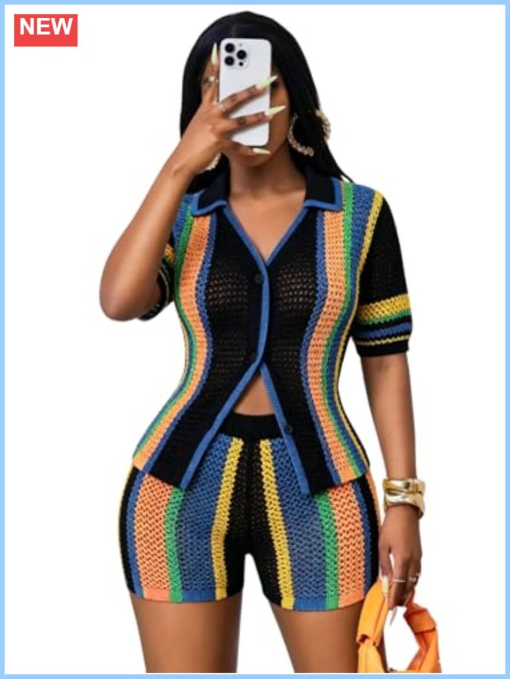 Women's 2 Piece Knit Short Set Hollow Out Button Down Shirt & Shorts